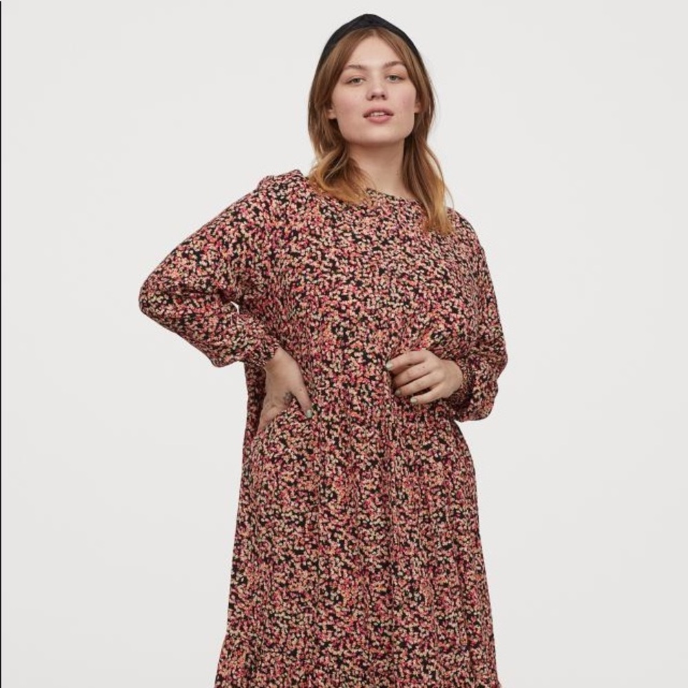 H&M pink and black flower midi dress